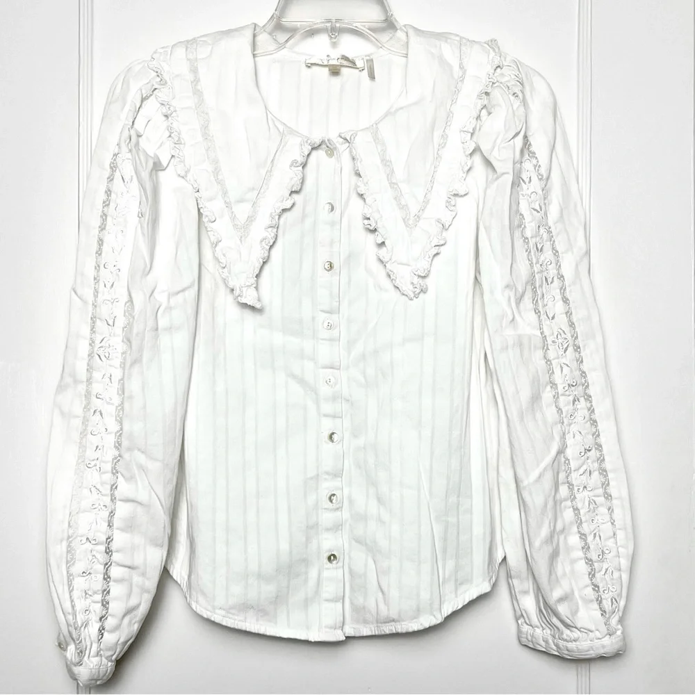 LOVESHACKFANCY Lace Embroidered Oversized Collar Puff Long Sleeve Pintuck Top XS